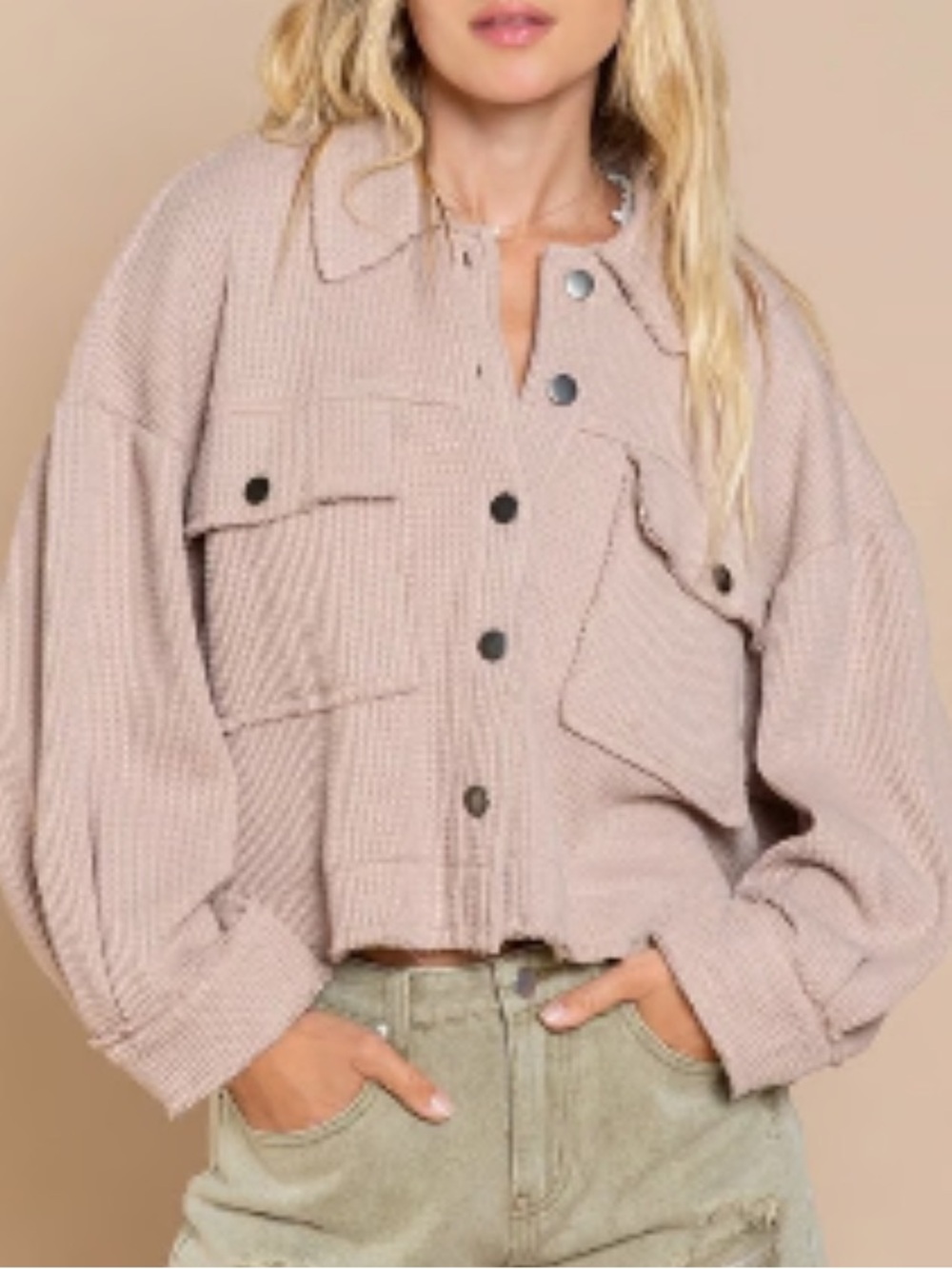 POL Cropped Waffle Button-Front Jacket in Light Taupe
